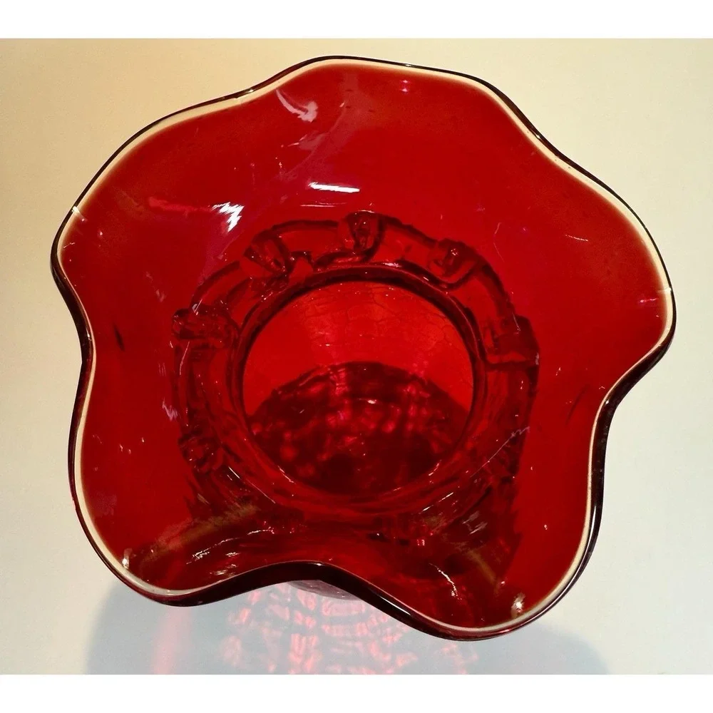 Viking Ruby Red Glass Vase with Applied Clear Band Ruffled Rim Amberina
